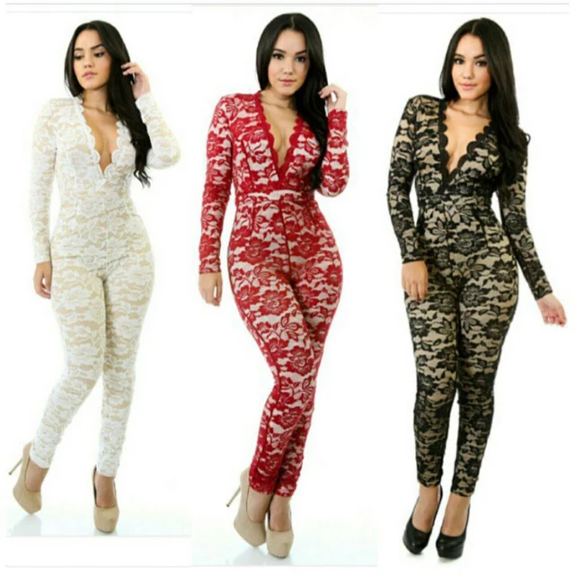 Autumn Full Lace Stretch Onesie Deep V Neck Bodycon Long