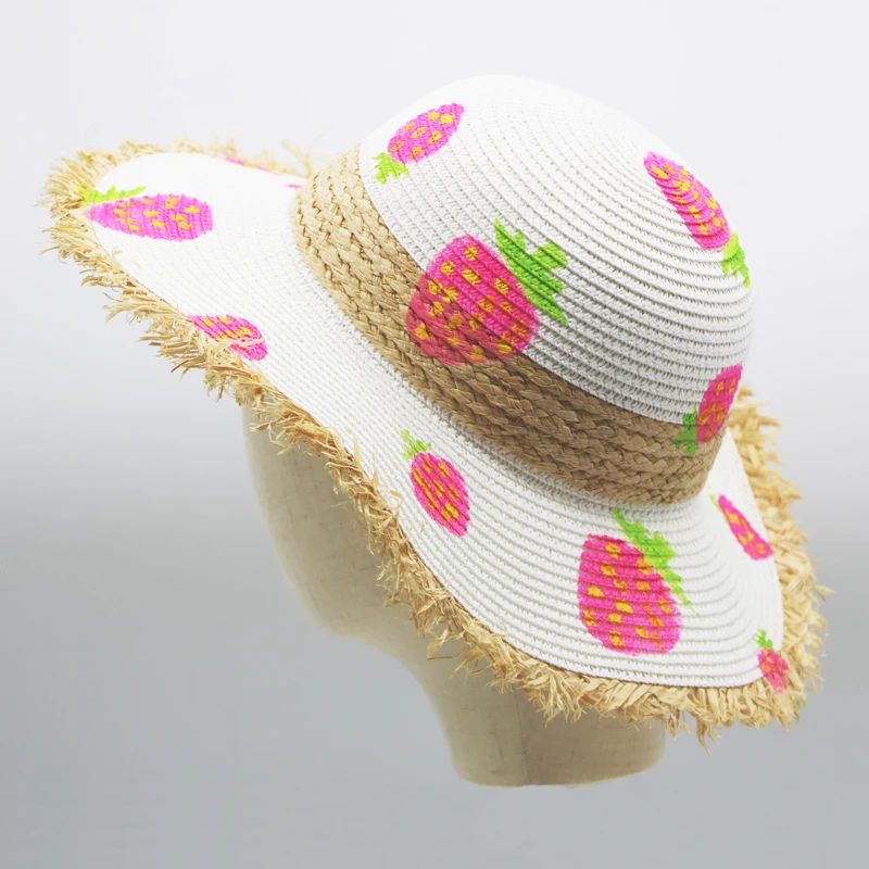 

Spring And Summer Hand-Woven Big Brim Straw Hat Small Fresh Print Seaside Holiday Fruit Strawberry Beach Hat Visor Hat