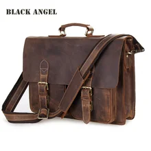 Черный Ангел из воловьей кожи Crazy Horse кожаный мужской портфель для ноутбука Бизнес винтажная натуральная кожа сумка через плечо