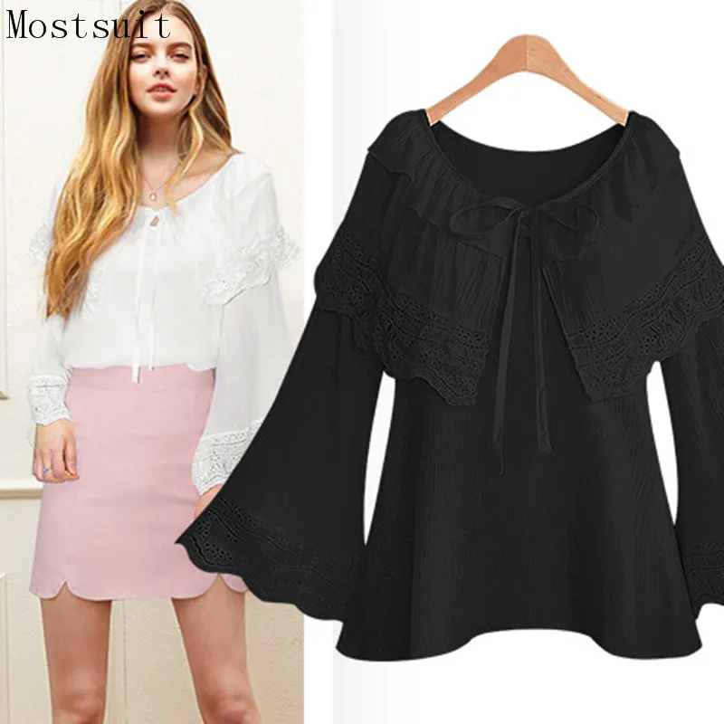 4xl Plus Size White And Black Cotton Blouses 2018 New Bow Long Sleeve O ...