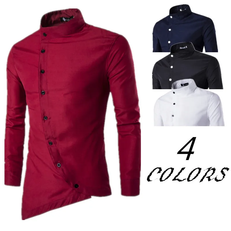 

New Personality Solid Color Stand Collar Oblique Placket Long Sleeve Single Breasted Men's Slim Shirt camisa masculina shirts