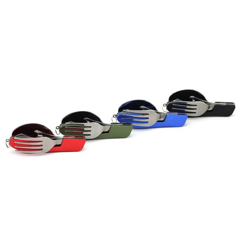 4 en 1 multifunción plegable al aire libre vajilla (tenedor/cuchara/cuchillo/abrelatas de botella) camping Picnic Acero inoxidable herramienta Kits de viaje