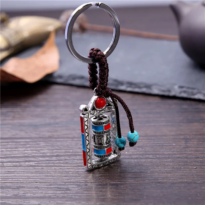 

Vintage Tibetan Buddha Key Chain Handmade Nepalese Six-Character True Word Turning Wheel Keychain Women Men Key Ring Jewelry