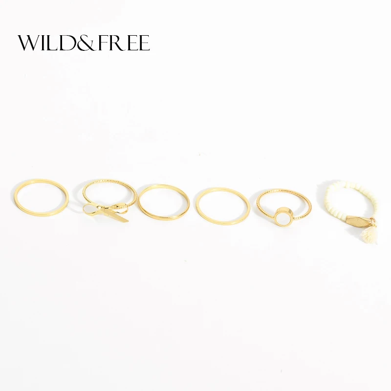 

6 PCS Cute Bowknot Midi Ring Sets Fashion Jewelry Gold & Silver Punk Style White Beaded Shell Knuckle Rings For Women Girl Gift