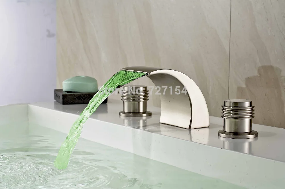 

Free Shipping! New LED Dual Handle Nickel Brushed Basin Faucet Waterfall Spout Mixer Deck Mount