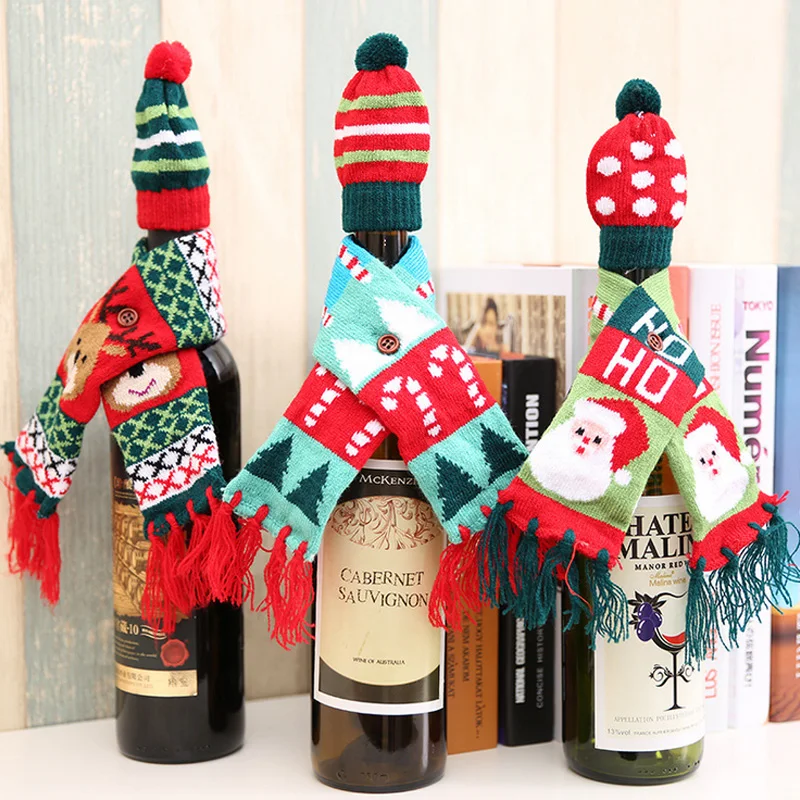 

1 set knit scarf and hat santa clause wine bottle champagne cover christmas table dinner decortation party supplies ornament