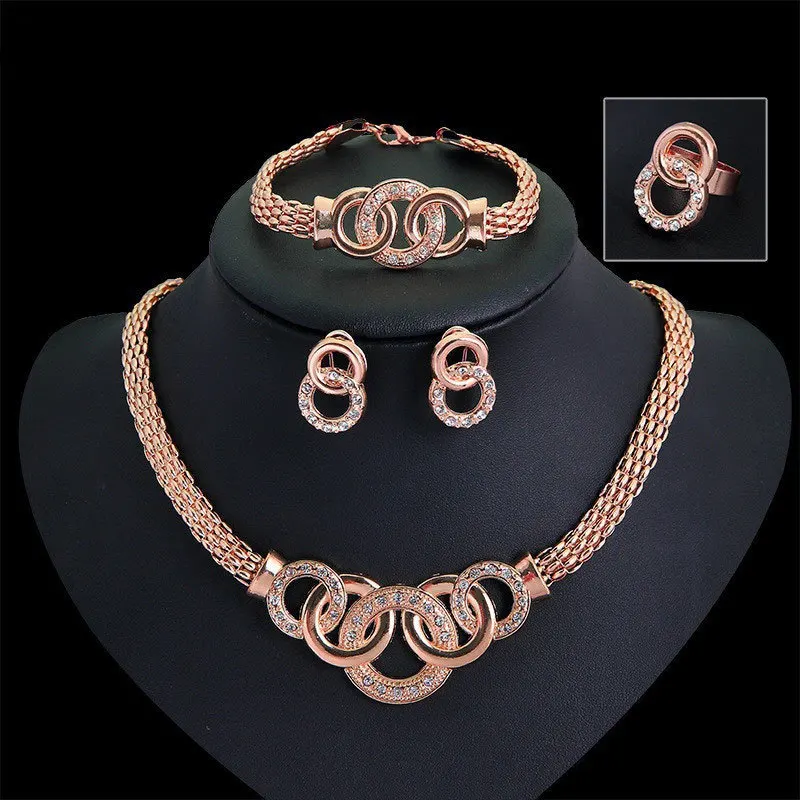 

Rose Gold Jewelry Sets Wedding Crystal Bridal Necklace Ring Bracelet Earrings Jewelry Set For Women Ladies Fashion Jewelry