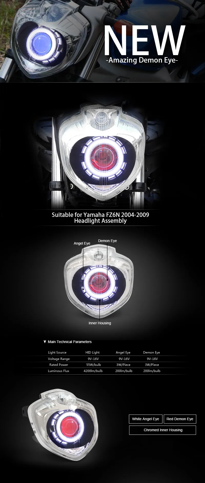 Передние фары KT для мотоцикла Yamaha FZ6N 04-09 Двойной "Глаз ангела" Глаз демона HID Проектор Красный