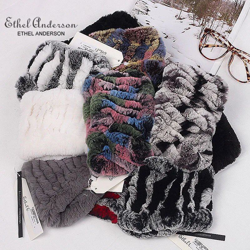 

Ethel Anderson Real Rabbit Fur Knitted Scarf Lady Genuine Rex Rabbit Fur Stretch Headbands Girls Chic Fur Ring Scarves Collar