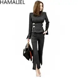 Hamaliel брендовая одежда 2018 осень Для женщин Формальные полосатый длинный рукав укороченный + Офис тонкий slpit длинные брюки комплект новый