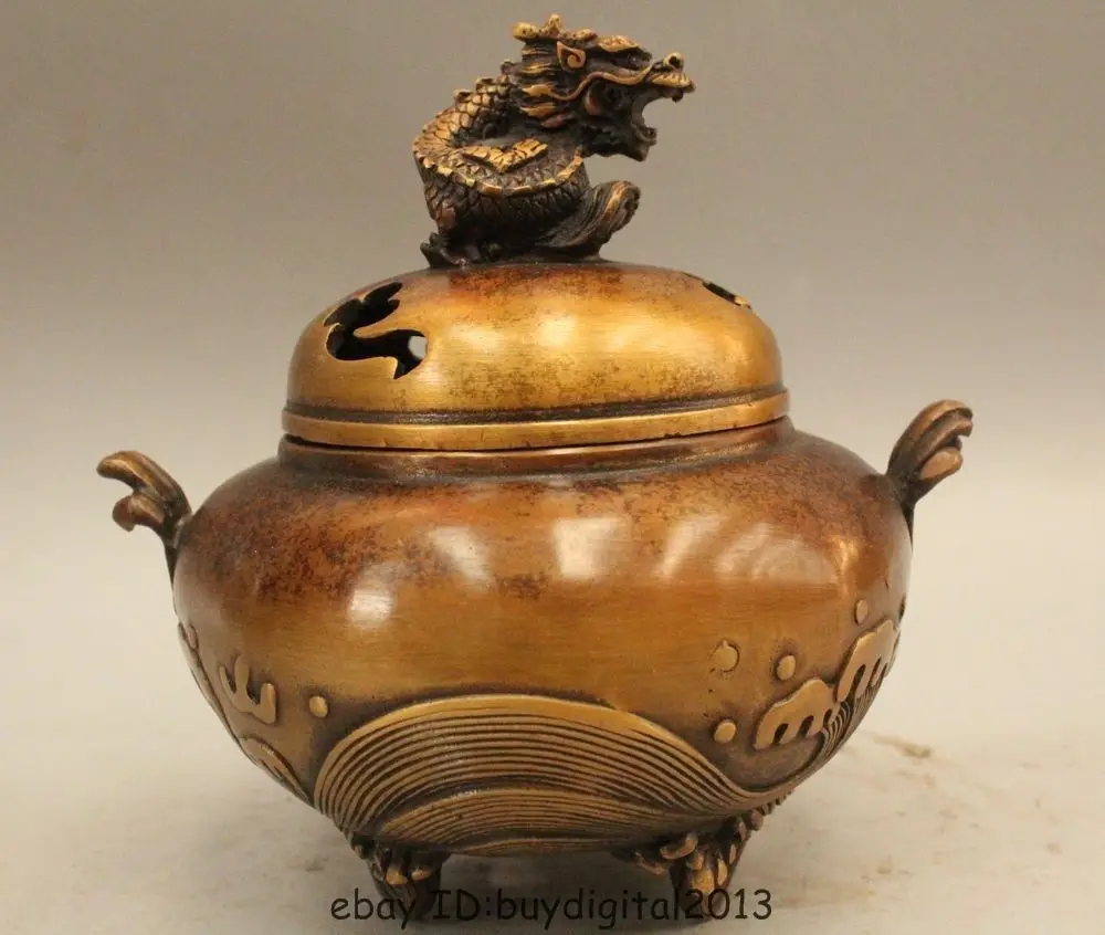 

7"Marked China Chinese Bronze Dragon spindrift Incense Burner Censer Statue Garden Decoration Brass Bronze