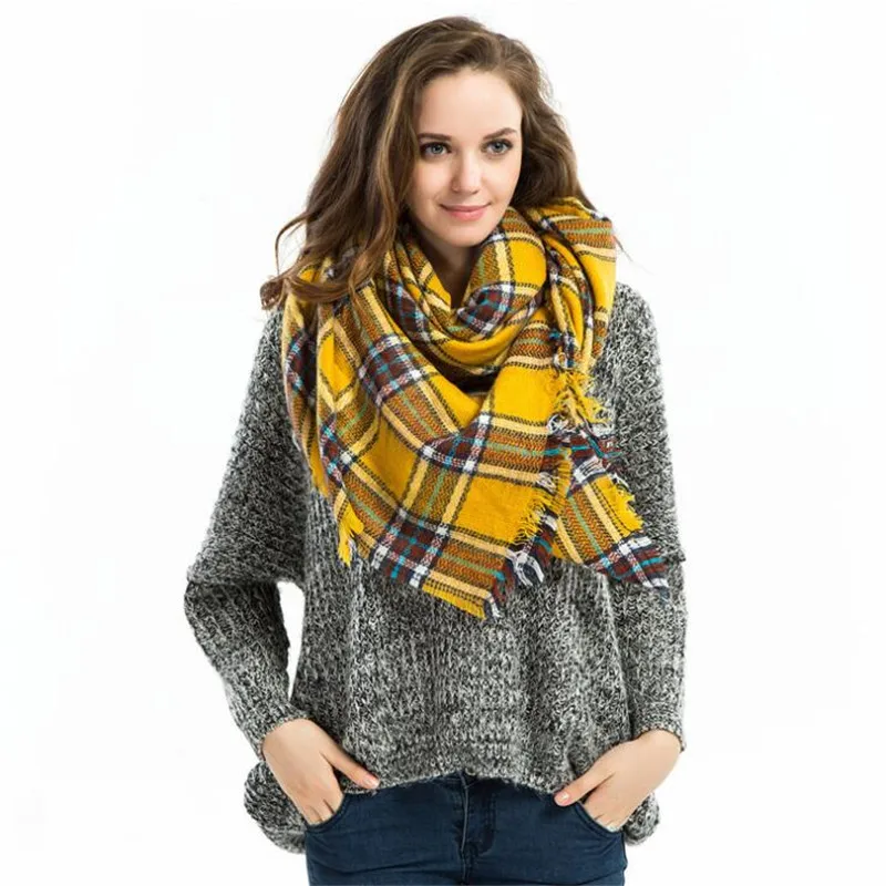 

New Fashion Spring Autumn Winter Yellow Plaid Scarves for Women Shawls and Wraps Cashmere Pashmina Head Scarf Hijabs