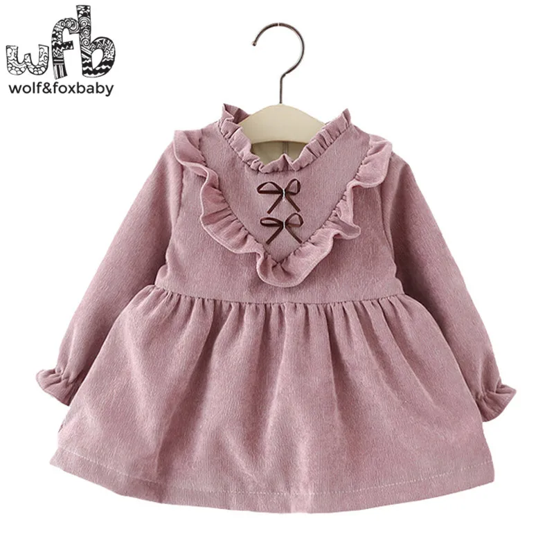 Retail 1 4 years dress full sleeves solid color Plus velvet girl clothing kids children spring
