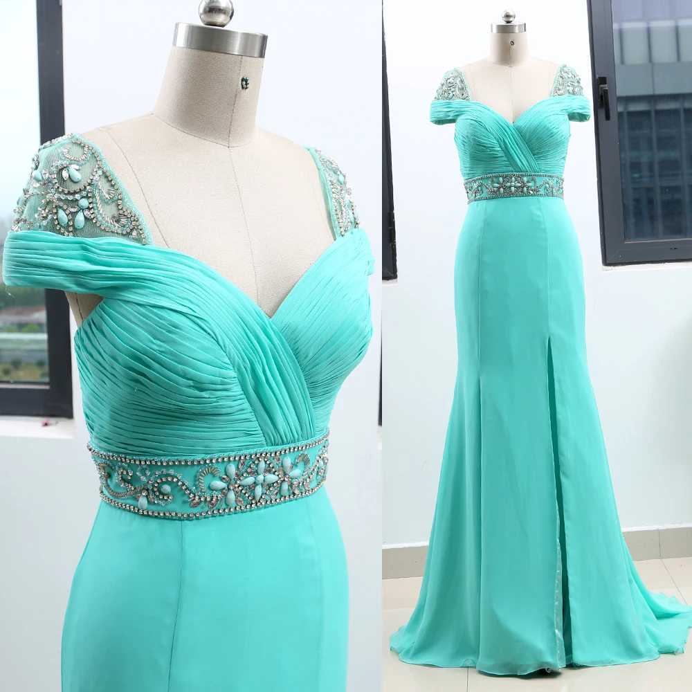 Turquoise Sheath V Neck Floor Length Crystal Chiffon Prom Party Formal ...