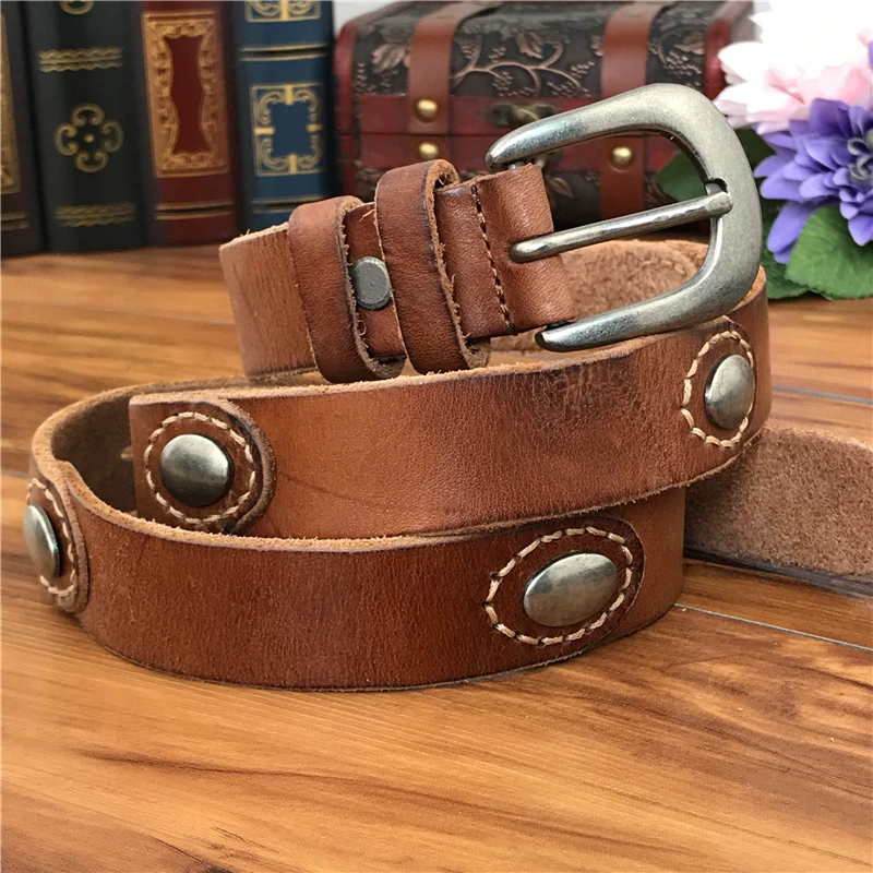 

Genuine Leather Metal Belts For Women Ceinture Femme Vintage Punk Rivet Women Belt Thin Cowgirl Belt Female Cinto WBT0074