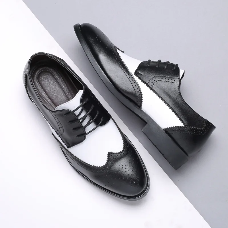 British Style Men's Trend Pointed Toe Brogues Shoes Men Wedding Leather Dress Shoes Black With White Formal Men