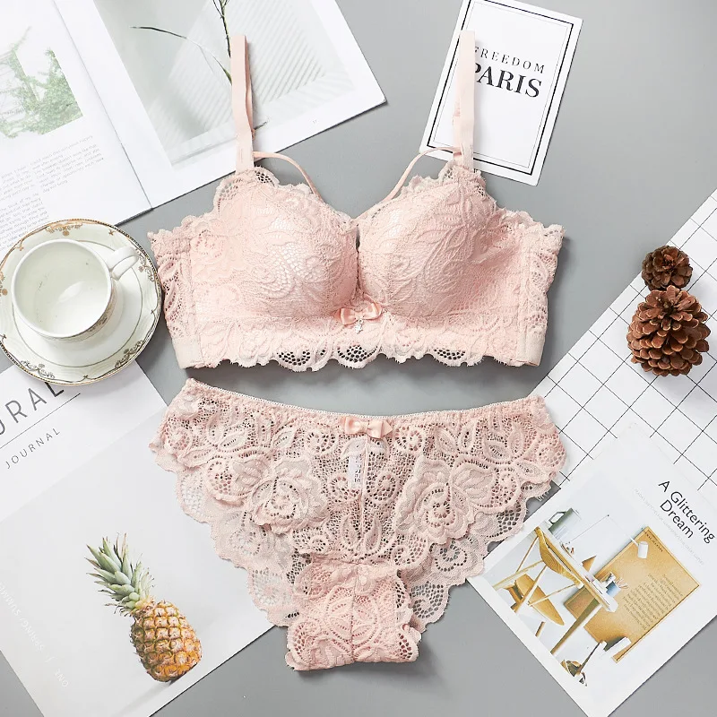 

New Sexy Underwear Wire Free Women Push Up Bra Set Lace Floral Embroidery Hollow Thicken Small Chest Bras and Panties Sets