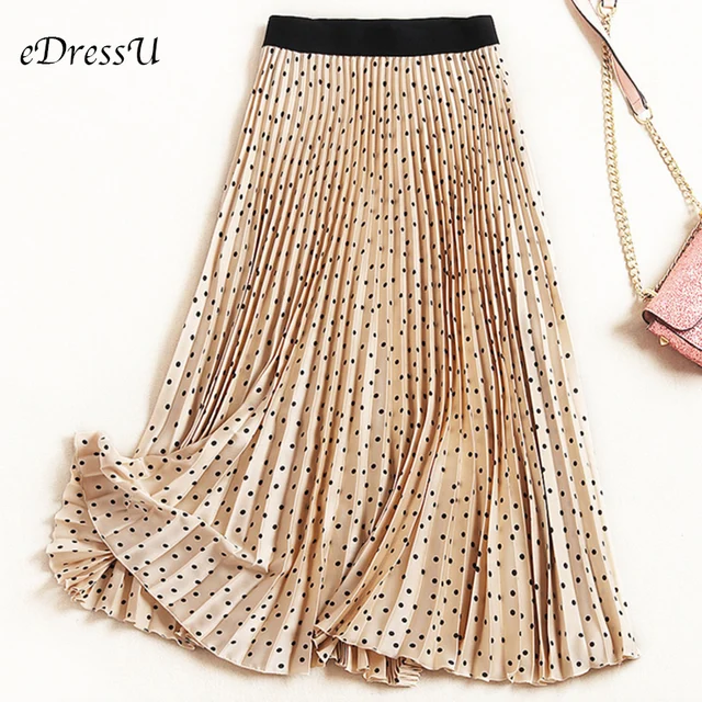 US $12.95 A Line Pleated Skirt Women Polka Dot Vintage Midi Skirt High Quality Elegant Chic Beige Black Summe