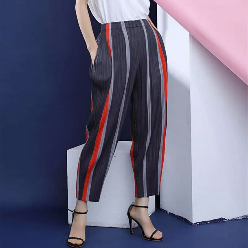 Fois Fendu Plissé De Élastique Pantalon Gratuite Stock gris Rayé Taille Noir Livraison Harem En x4C1Uqx