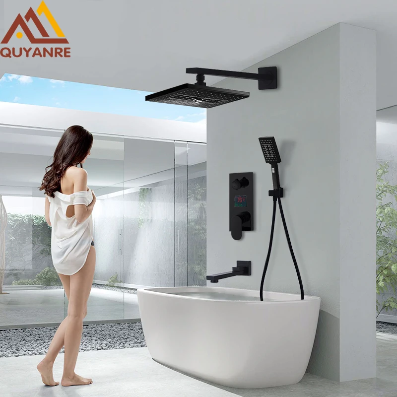 quyanre wanfan 3-way black digital shower faucets set 3-way rainfall shower head 3-way led digital display mixer tap swivel tub spout bathroom shower