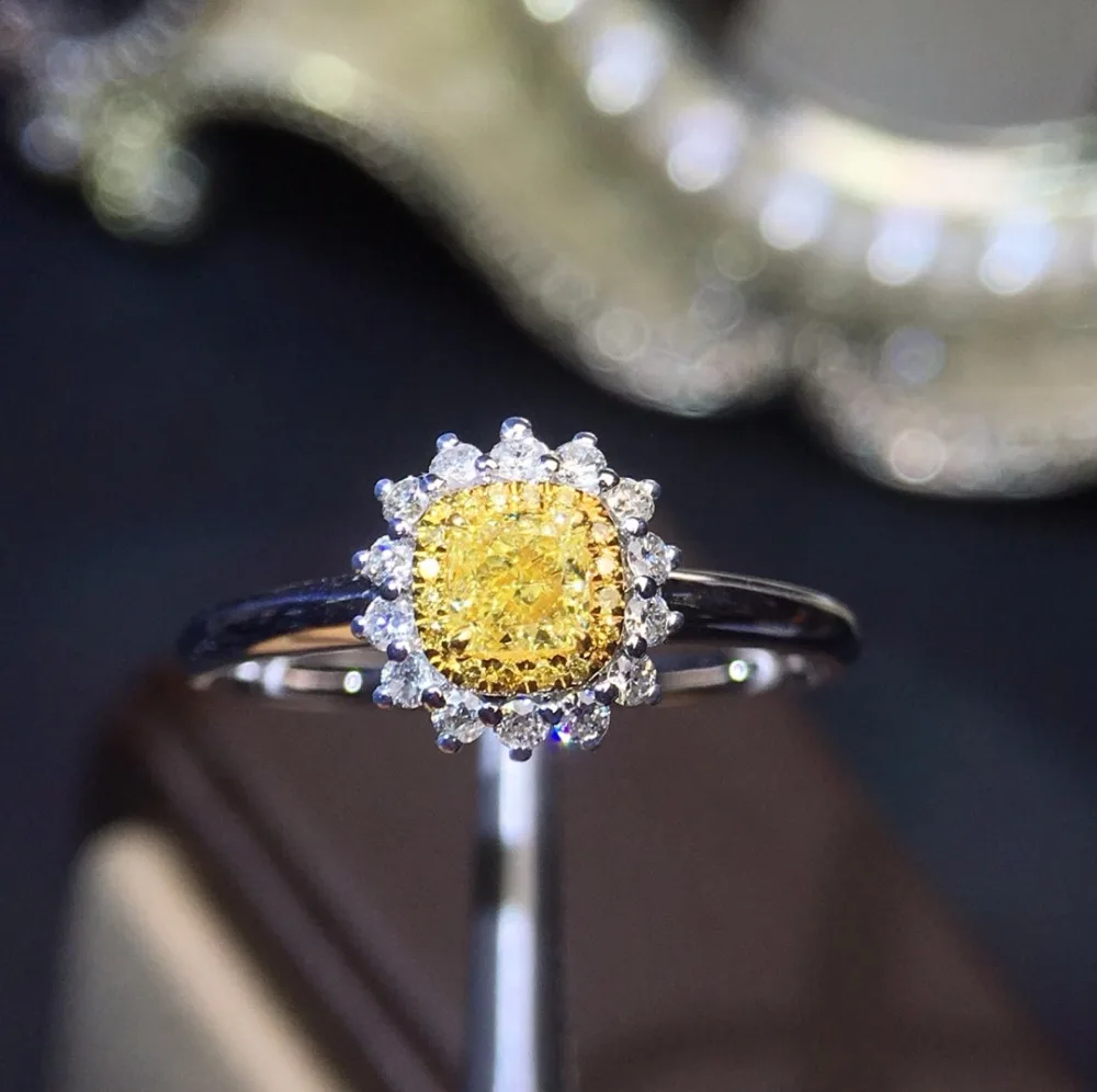 Fine Jewelry Real 18K White Gold Real Natural Yellow Diamond Wedding Engagement Female Rings for Women Fine Diamonds Ring