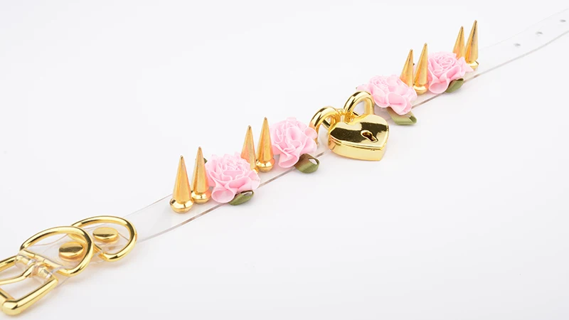 Lolita Cute Girl 100% Hand Crafted Silver Gold Spiked Lock Heart Collar With Key Rose Flowers Spikes Choker Transparent Necklace 7