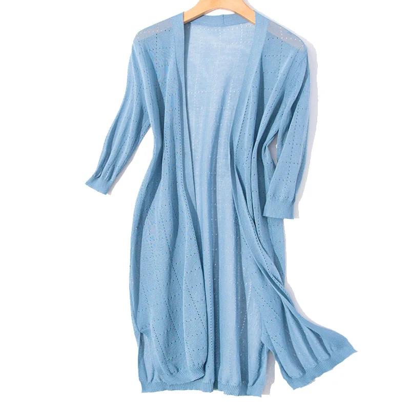 

Summer ice silk knit cardigan 2019 spring women's long section solid color outside openwork shawl thin women cardigan coat new