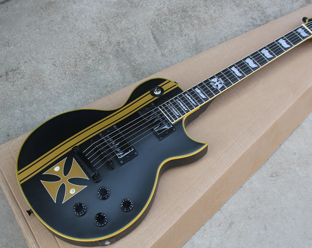 

Factory Matte Black Electric Guitar with Yellow Pattern,Black Hardware,Yellow Binding Body and Neck,Can be Customized