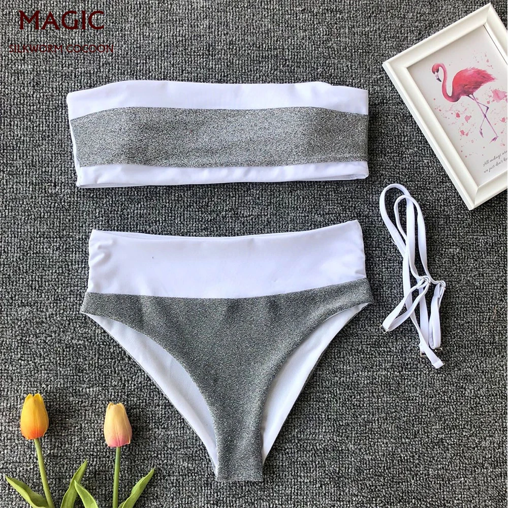 

High Waist Swimsuit New Sexy Bandeau Bikini Set two piece swimsuit for women Shiny fabric Swimwear Beachwear Bathing Suit Female