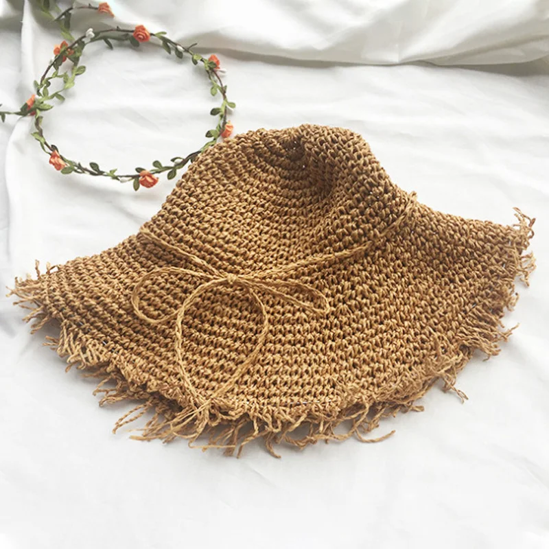 Summer Hats For Women Femme Foldable Sun Hat Panama Handmade Crochet Straw Hat Large Wide Brim Visor Bone Female Beach Cap