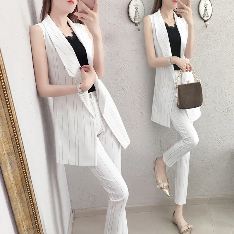 Sleeveless 2 Piece Set Women Striped Women Two Piece Outfits Ol Woman Suits Lady Suit Office Top&pants Set Conjunto Feminino Sleeveless 2 Piece Set Women Striped Women Two Piece Outfits Ol Woman Suits Lady Suit Office Top&pants Set Conjunto Feminino