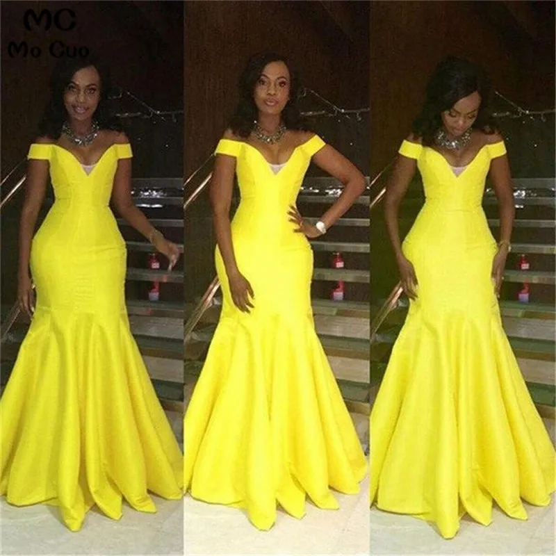 OFF THE SHOULDER V NECK YELLOW MERMAID PROM DRESS