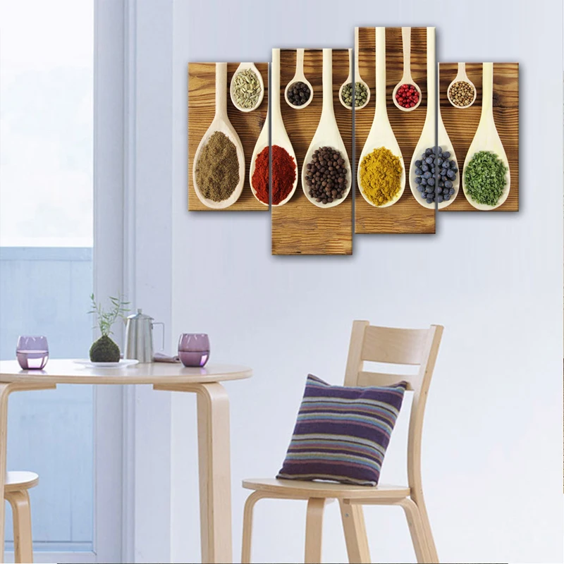 4 Pieces Seasoning Painting Wall Art A Variety of food Spices in the