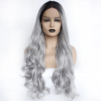 

Lace Front Wig Black Roots Ombre Silver Grey Color Heat Resistant Fiber Daily Middle Gray Glueless Synthetic Lace Front Wig