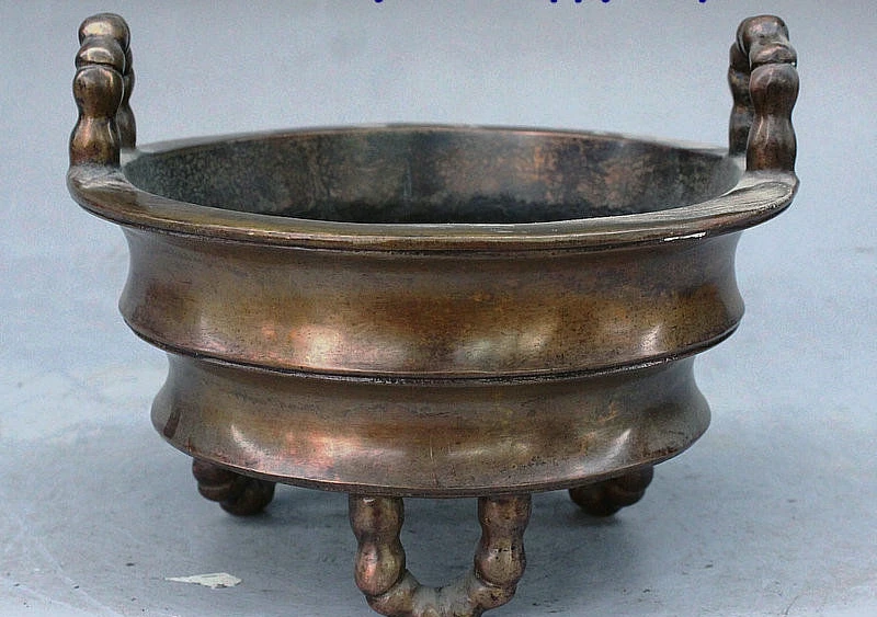 

7" Old China Royal Palace Bronze Auspicious Handle Tripod Incense burner Censer