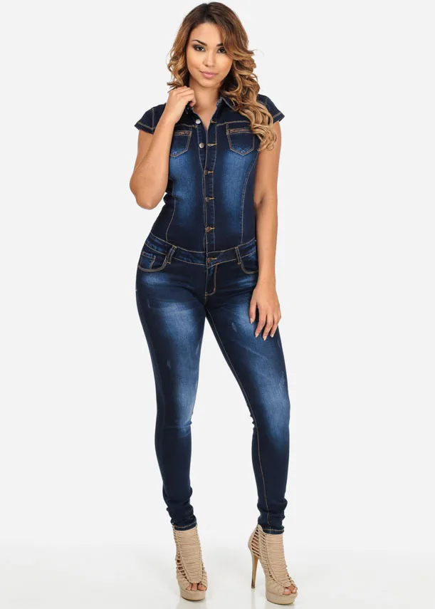 Wendywu/Модный повседневный комбинезон с отложным воротником и короткими рукавами, синий джинсовый Длинный комбинезон с пуговицами - Цвет: WD19737 Jumpsuit