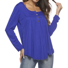 Плюс Размеры Для женщин блузка 2018 осень, для женщин пикантные Blusas с круглым вырезом Топы с длинными рукавами Повседневное свободные Кнопки