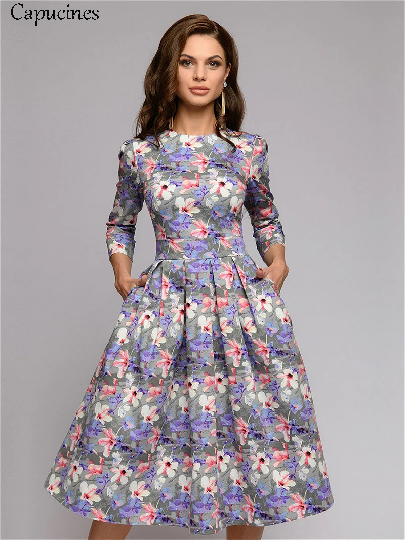 Capucines Navy Blue 3/4 Sleeves Printed Dress Women 2019 Spring Summer Vintage Pocket A-line Casual Dress Elegent Party Vestidos