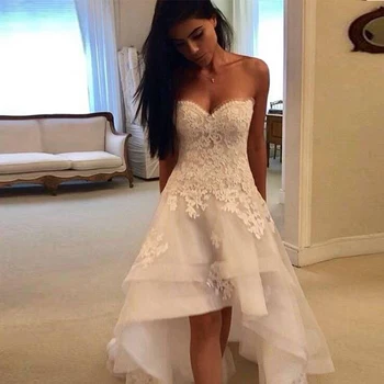 

Modest Beach Wedding Dresses Sweetheart Appliques High Low Country Wedding Dress Bridal Gown Robe Mariage Vestido de Novia