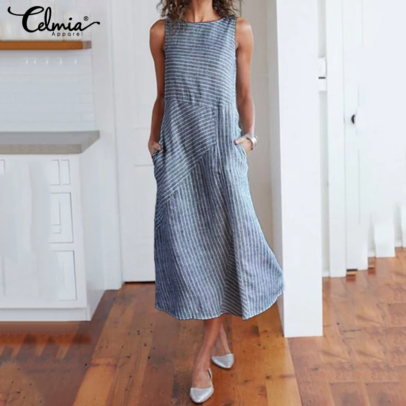

Oversized Women's Sundress Celmia 2019 Summer O neck Sleeveless Long Shirt Dress Female Casual Loose Striped Vestidos Beach Robe