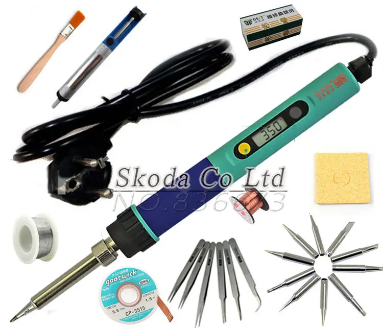 Free shipping EU plug 936 soldering iron Adjustable Digital Display welding kit solder tip+wick+Tweezers+Desoldering pump