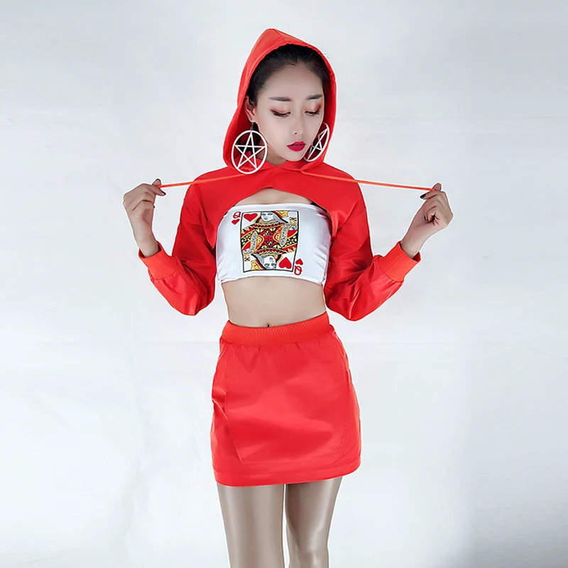 الجاز مثير المرحلة زي النساء الأحمر قمم التنانير التشجيع أزياء رقص ملهى ليلي المغني الهيب هوب Dj الأداء ارتداء DNV11105