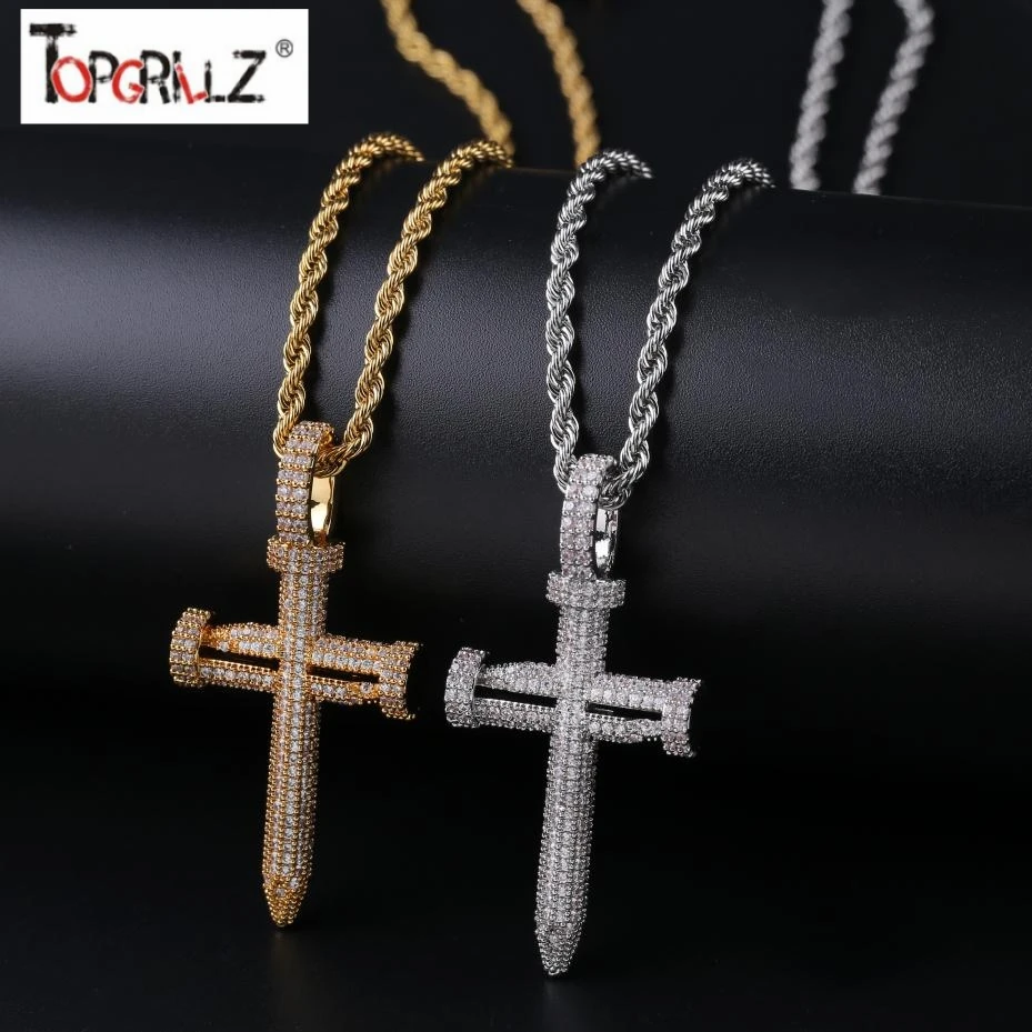 Goedkoop Iced Out Bling Nail Cross Hanger Ketting Heren Vrouwen Micro Verharde AAA CZ Hip Hop Goud Zilver Kleur Charm kettingen Sieraden Gift