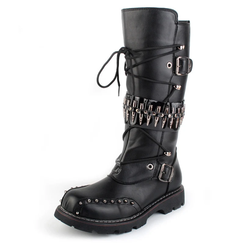 

Punk Men's Heavy Metal Rock Rivet Bullet Round Toe Black Long Leather Boots Men Motorcycle Stage Performance Gothic Men Shoes