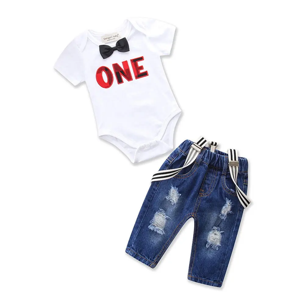 

2018 Toddler Baby Boy Girl 2Pcs Short Sleeves One Set Letters Ties Romper Jumpsuit + Braces Ripped Denim Summer Pants