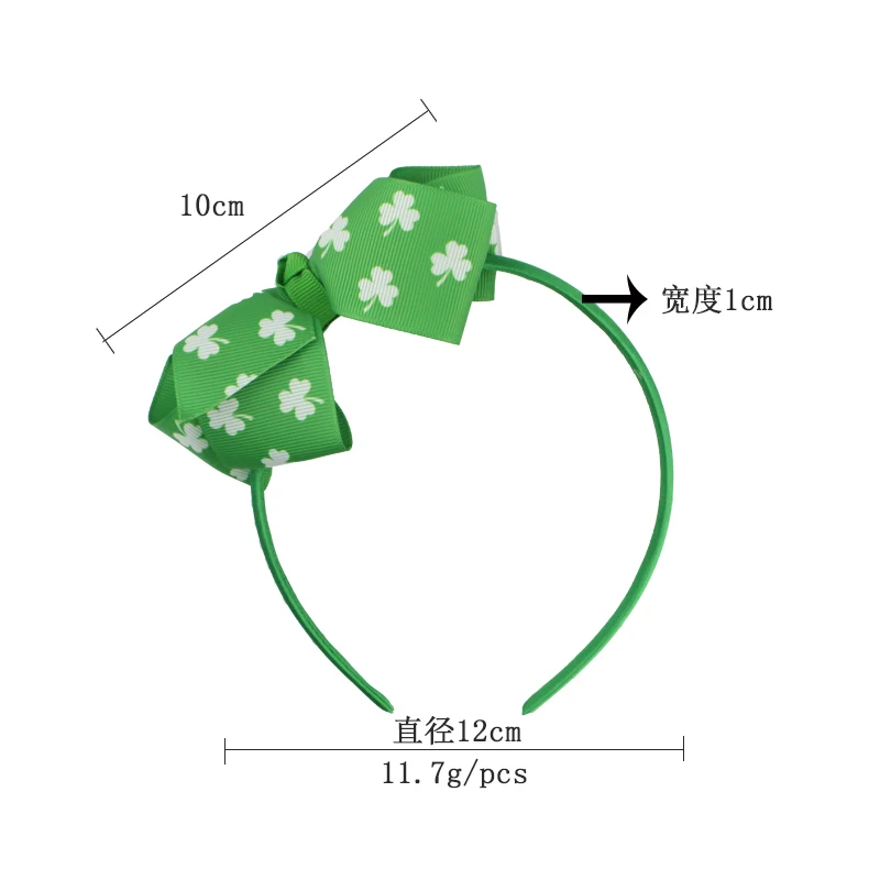 Fashion Girls Green Clover Printing  Headband Solid Grosgrain Ribbon Bows Hairhoop Headband Boutique Hairhoop  For Kids Headwear Hair Accessories (3)