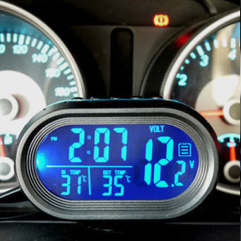 Ting Ao Car Indoor Outdoor Digital Clock LCD Voltmeter Temperature Meter Backlight Trim Blue 