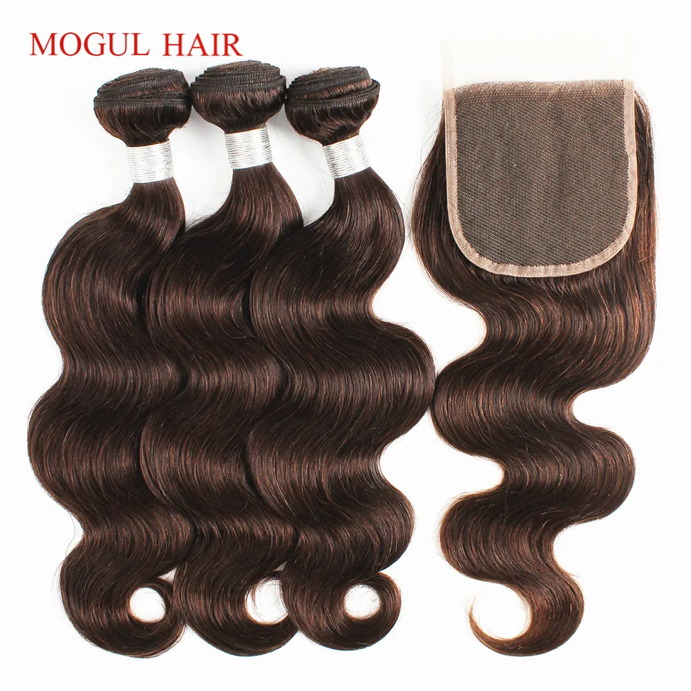 MOGUL HAIR Body Wave Bundles with Closure Color 2 Dark Brown 2/3 Bundles Brazillian Hair Pre-Colored Remy Human Hair Extension