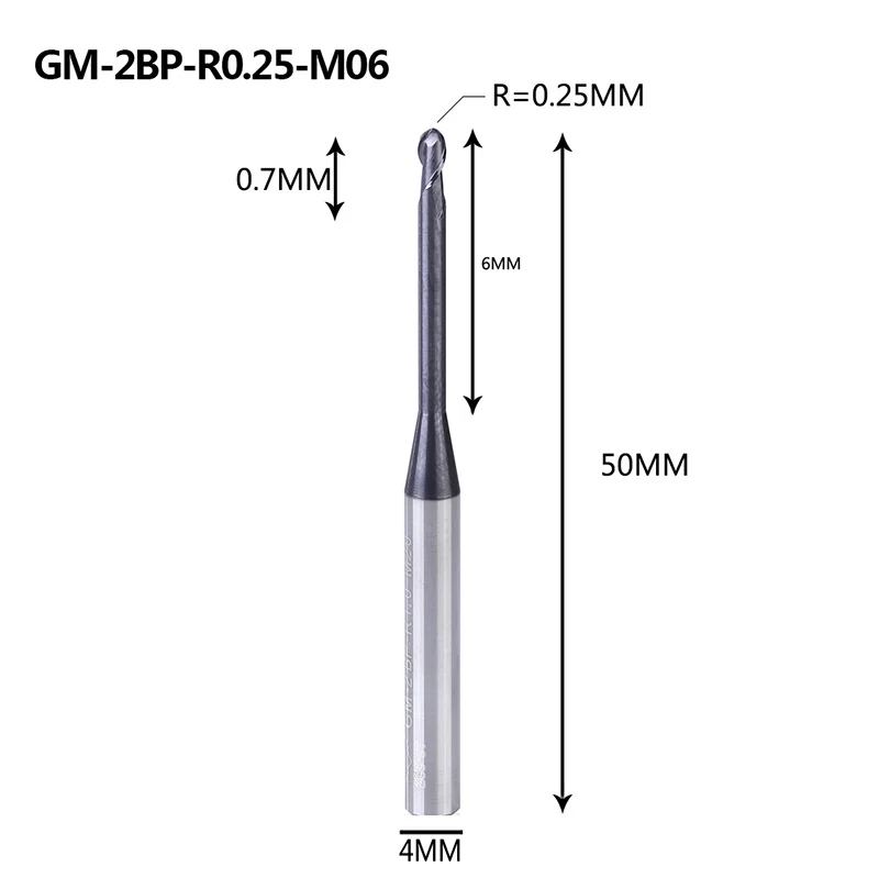 GM-2BP R0.25-0.75, Вольфрамовая сталь, 2 флейты, круглый нос, длинная шея, короткая режущая кромка, с покрытием, Концевая фреза с ЧПУ, фреза, режущие инструменты - Длина режущей кромки: GM-2BP-R0.25-M06