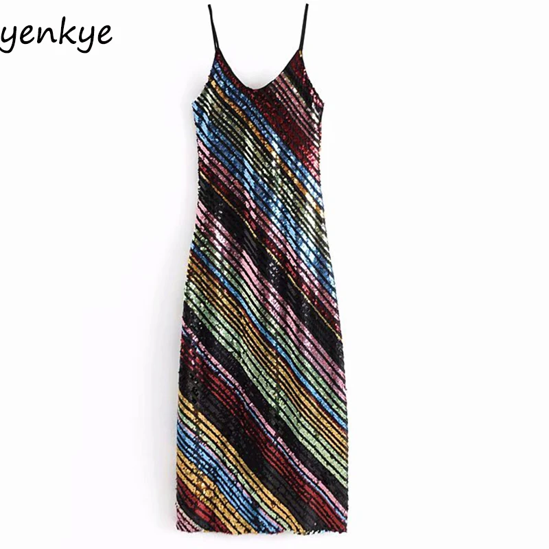 

Fashion 2019 Women Sexy Backless Multicolor Sequin Dress Lady V Neck Sleeveless Club Party Sling Long Dress AAZZ9151